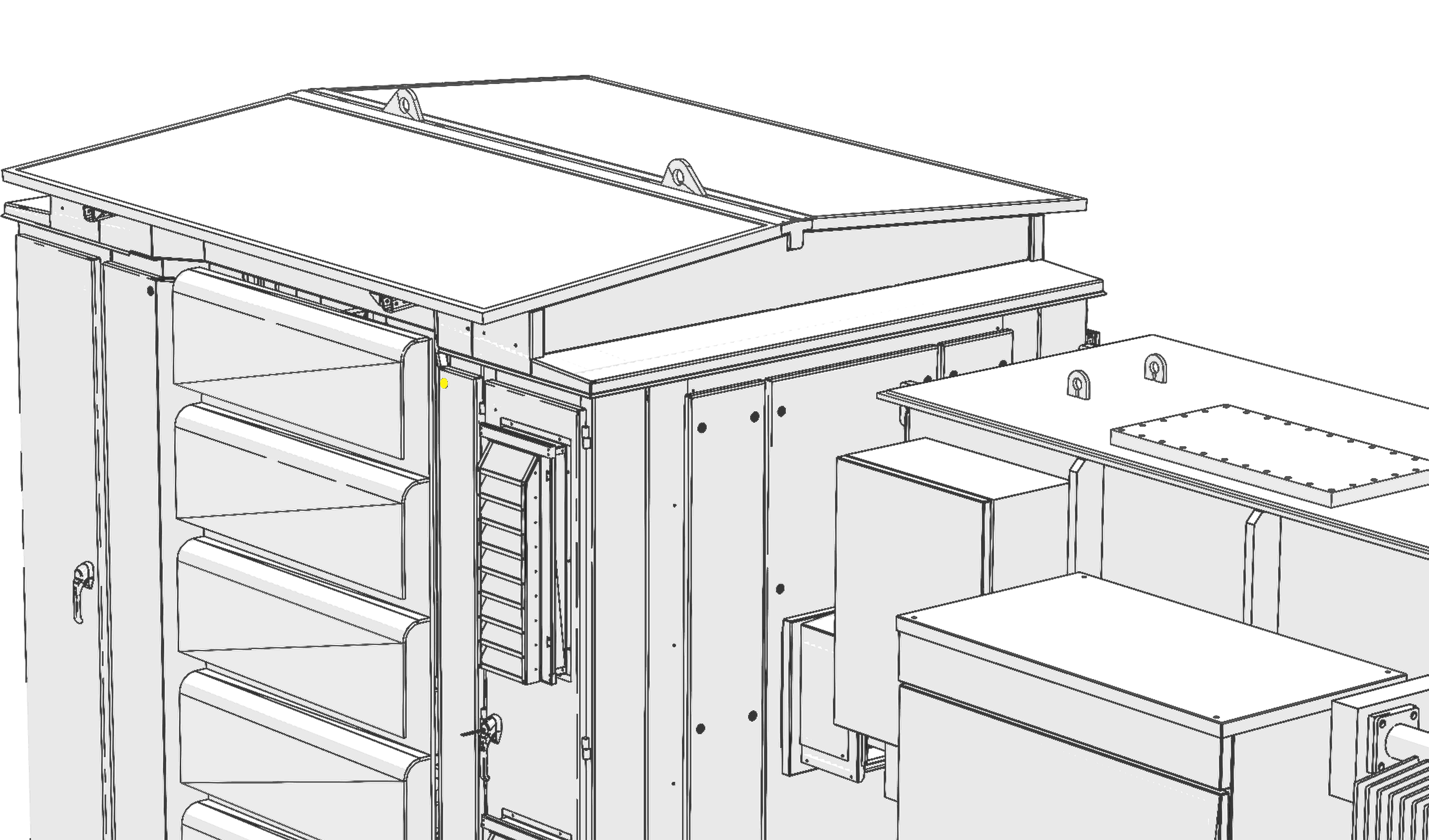 Technical perspective drawing of the MV AI UPS equipment enclosures